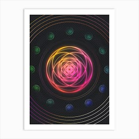 Neon Geometric Glyph in Pink and Yellow Circle Array on Black n.0091 Art Print