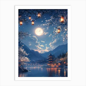 Asian Landscape At Night Art Print