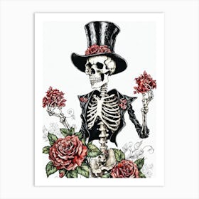 Floral Skeleton With Hat Ink Painting (5) Art Print