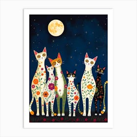 Floral Cats In The Moonlight Art Print