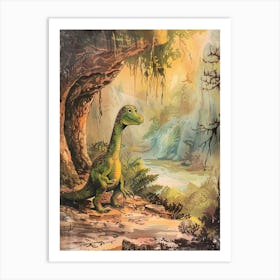 Vintage Dinosaur Cartoon In A Cave 2 Art Print