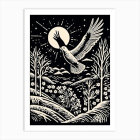 B&W Bird Linocut Harrier 2 Art Print