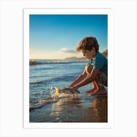 A Young Person Engaging In Play With A Fish Near The Waters Edge On A Sandy Beach Golden Hour Ligh (4) Art Print