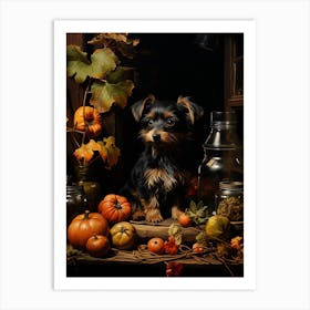 Dog With Pumpkins Art Print