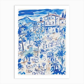 Italy, Amalfi Coast Cute Illustration In Blue 1 Art Print