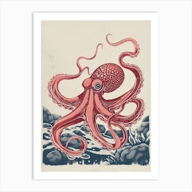 Red Octopus Linocut On The Ocean Floor Linocut Inspired 1 Art Print