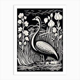 B&W Bird Linocut Swan 4 Art Print