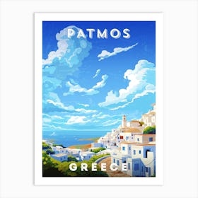 Greece, Patmos — Retro travel minimalist poster, retro travel art, retro travel wall art, vector art Art Print