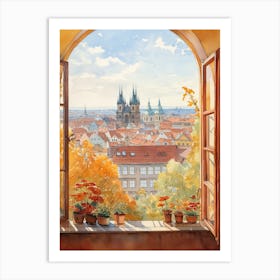 Window View Of Prague Czech Republic In Autumn Fall, Watercolour 1 Art Print