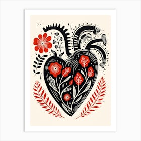 Abstract Linocut Style Anotomical Heart Red & Black Art Print