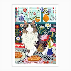 Tea Time With A Norwegian Forest Cat 1 Art Print