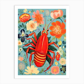 Summer Lobster And Flowers Illustration 3 Art Print