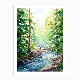 Watercolor Painting Of A Serene River Meandering Through An Old Growth Forest Sunlight Peeking Thro Art Print