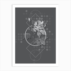 Vintage French Rose Botanical with Line Motif and Dot Pattern in Ghost Gray Art Print