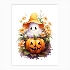 Cute Ghost With Pumpkins Halloween Watercolour 121 Art Print