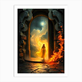 Woman Walking Through A Fire Portal Art Print