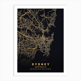 Sydney Australia Black And Gold Map Art Print