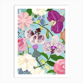 Orchid, Succulent And Roses Colorful Pattern Art Print