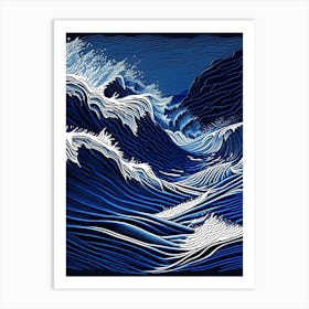 Rushing Water In Deep Blue Sea Water Waterscape Linocut 1 Art Print