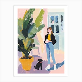 Woman with a Dog Gouache Painting Art Print