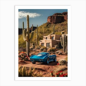 Blue Corvette In The Desert Art Print