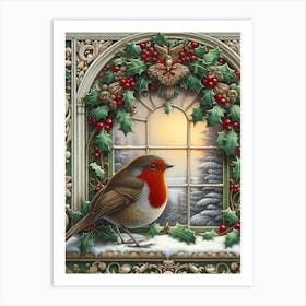 Robin With Christmas Decoration Art Print