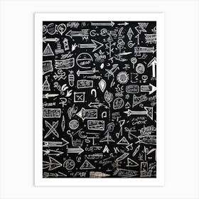 Blackboard Covered In A Collage Of Hand Drawn Icons Arrows And Abstract Doodles Symbolizing Direc (7) Art Print