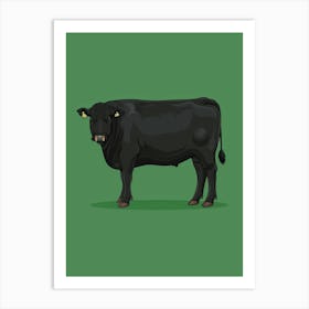 Black Bull On Green Background Art Print