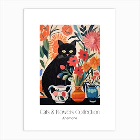 Cats & Flowers Collection Anemone Flower Vase And A Cat, A Painting In The Style Of Matisse 3 Art Print