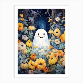 Cute Bedsheet Ghost, Botanical Halloween Watercolour 90 Art Print