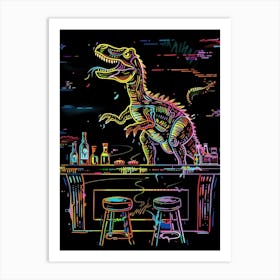 Neon Dinosaur At A Bar Art Print