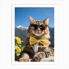 Cat Outfitted In Sharp Business Attire With A Fashionable Yellow Bow Tie Resting Sunglasses Atop It (3) Art Print