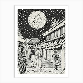 A Bustling Edo Period Marketplace Ukiyo-E Style Art Print