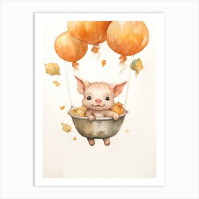 Tea Cup Pig Flying With Autumn Fall Pumpkins And Balloons Watercolour Nursery 4 Art Print