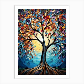 Oak Tree at Spring Sunset, Abstract Vibrant Painting in Van Gogh Style Art Print