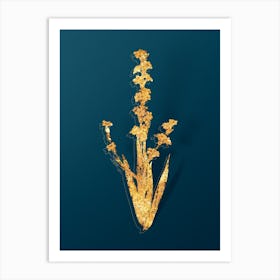 Vintage Pale Yellow Eyed Grass Botanical in Gold on Teal Blue n.0201 Art Print
