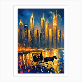 A Horse Drawn Carriage In The Colorful Lights Of The City Art Print