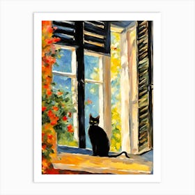 Black Cat by an Open Window in Summer, Riviera Impressionism Painting Art Print