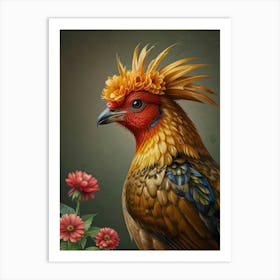 Rooster With A Flower Crown European Robin Art Print