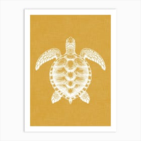 Vintage Sea Turtle Silhouette On Mustard Linen Texture Art Print