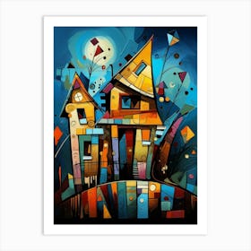 Fairytale House at Night 1, Abstract Vibrant Colorful Cubism Style Art Print