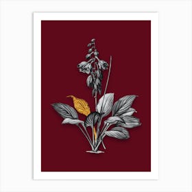 Vintage Daylily Black and White Gold Leaf Floral Art on Burgundy Red Art Print