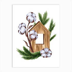Wooden House with Cotton and Green Pine Branches Art Print
