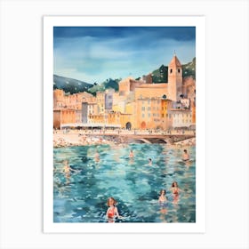 Swimming In Nice France Watercolour Art Print