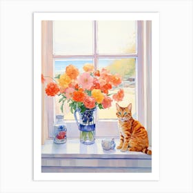 Cat With Freesia Flowers Watercolor Mothers Day Valentines 1 Art Print