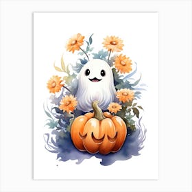 Cute Ghost With Pumpkins Halloween Watercolour 53 Art Print