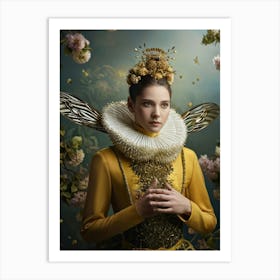 Regal Bee Human Hybrid Portrait Bee Wings Unfolding Golden Crown Embellished With Jewel Like Flow Art Print