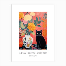 Cats & Flowers Collection Ranunculus Flower Vase And A Cat, A Painting In The Style Of Matisse 1 Art Print