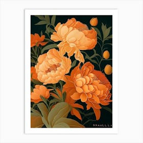 Bartzella Peonies Orange Vintage Sketch Art Print
