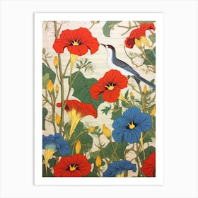 Morning Glory And Bird 1 Vintage Japanese Botanical Art Print